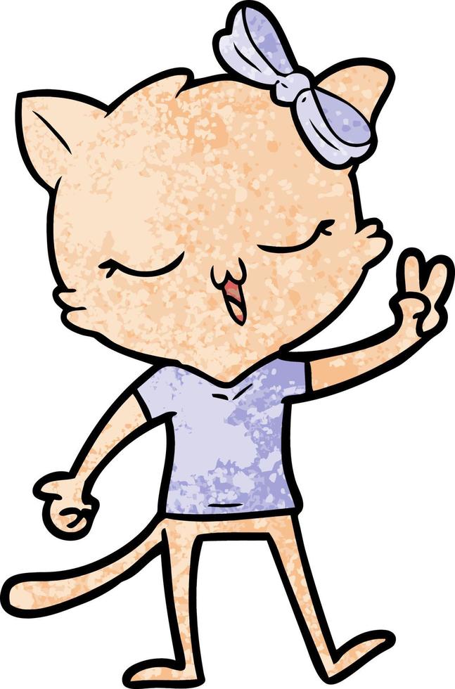 cartoon cat with bow on head giving peace sign vector