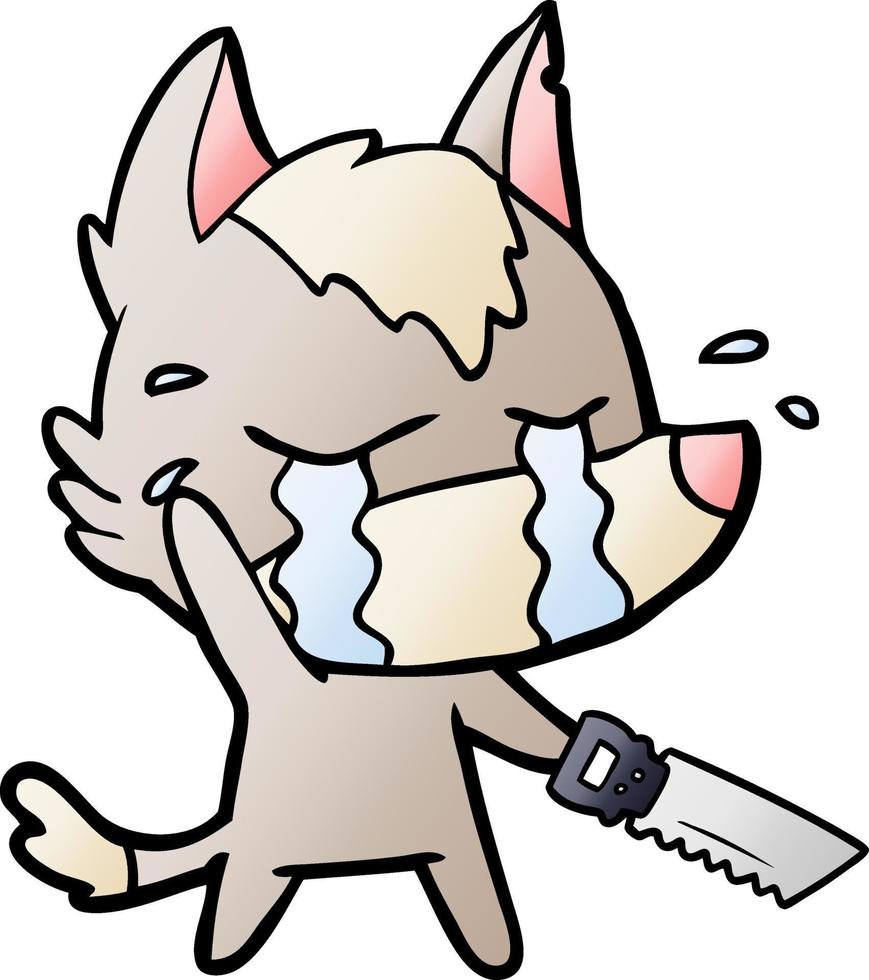 cartoon crying wolf with saw vector