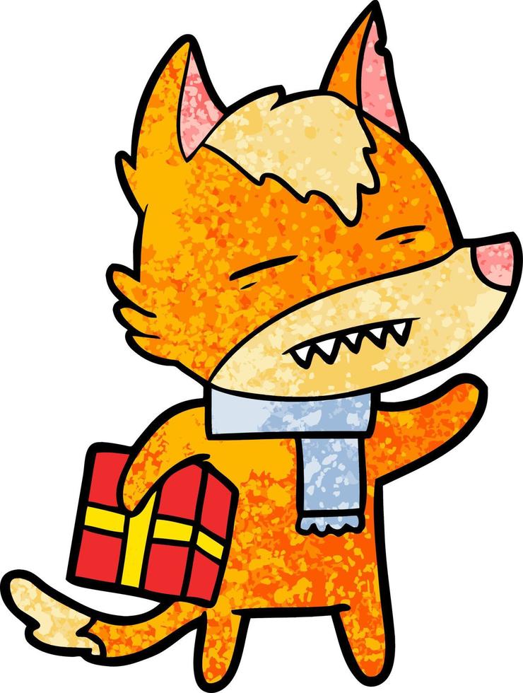 fox cartoon character with present vector