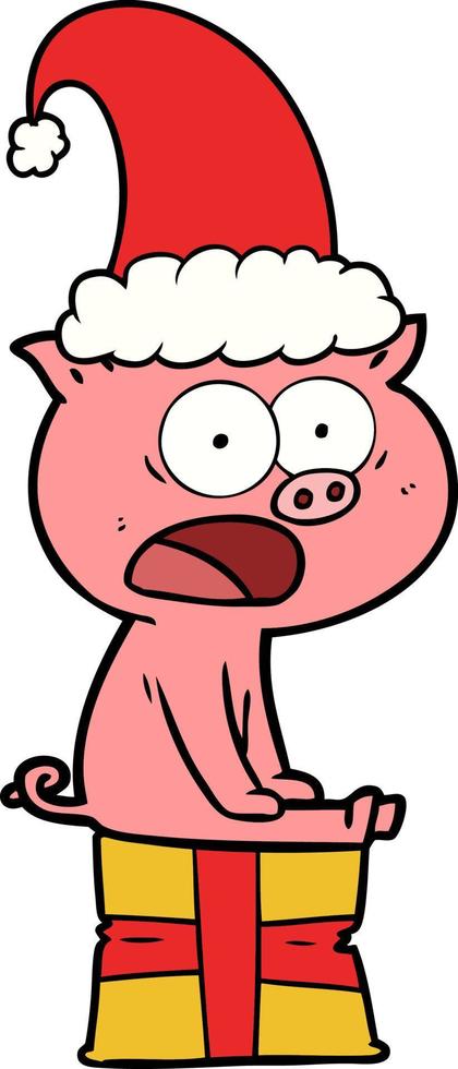 cartoon sitting christmas pig shouting vector