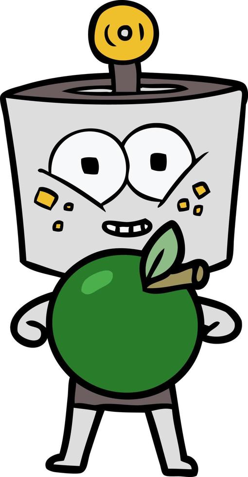 happy cartoon robot with apple vector