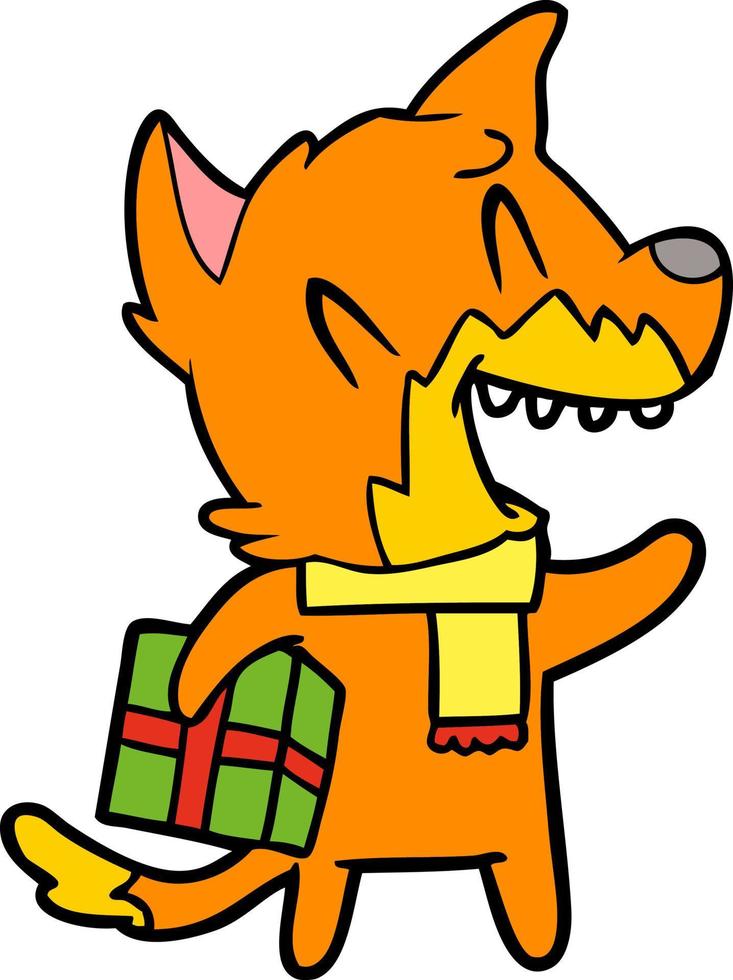 fox cartoon character with present vector