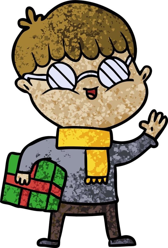 cartoon boy wearing spectacles carrying gift vector