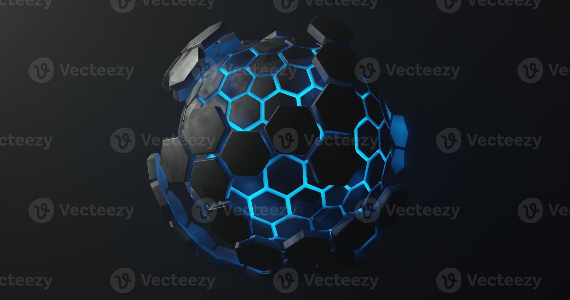 abstract background using a ball shape with a bright blue texture and a black hexagon shaped skin located in the center, 3d rendering and 4K size photo