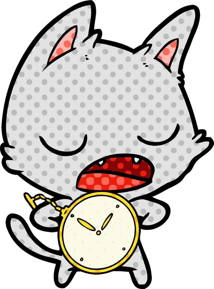 talking cat cartoon with stopwatch vector