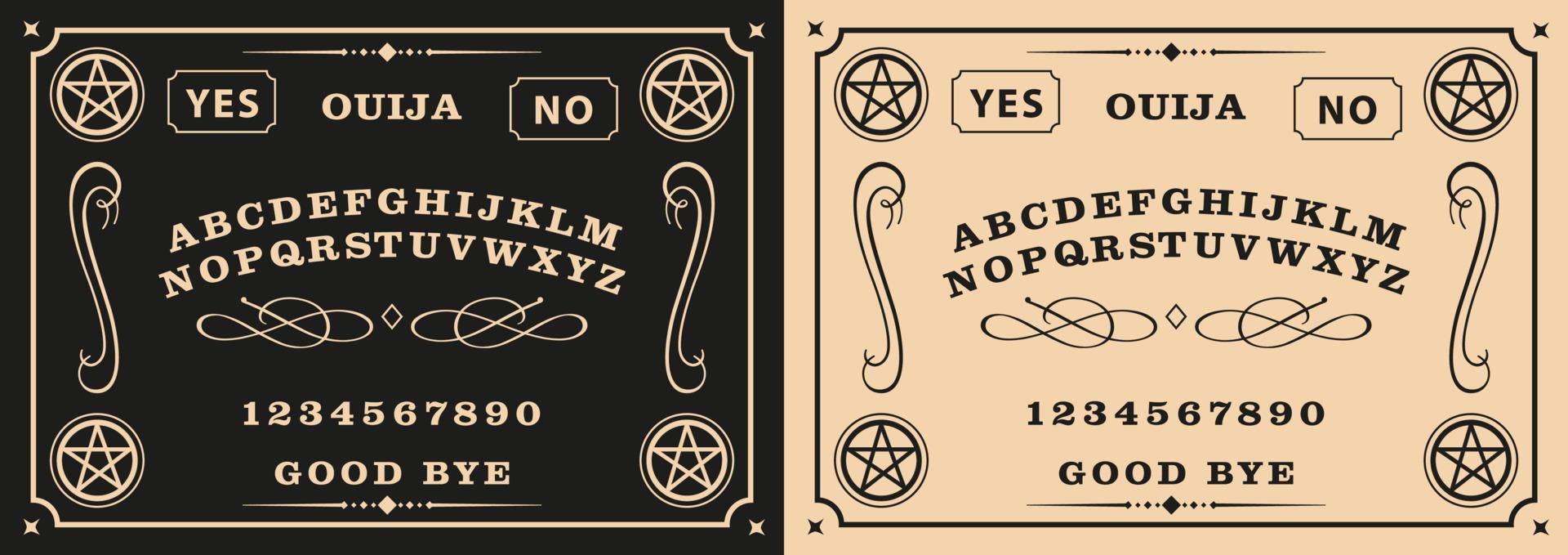 Graphic template inspired by Ouija Board. Black and Very soft orange symbols of pentagram , texts and alphabet. Gothic typography. Ghosts and demons calling game. vector