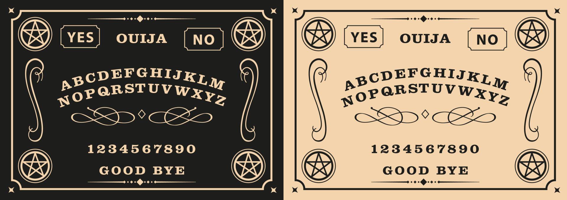 Graphic template inspired by Ouija Board. Black and Very soft orange symbols of pentagram , texts and alphabet. Gothic typography. Ghosts and demons calling game. vector