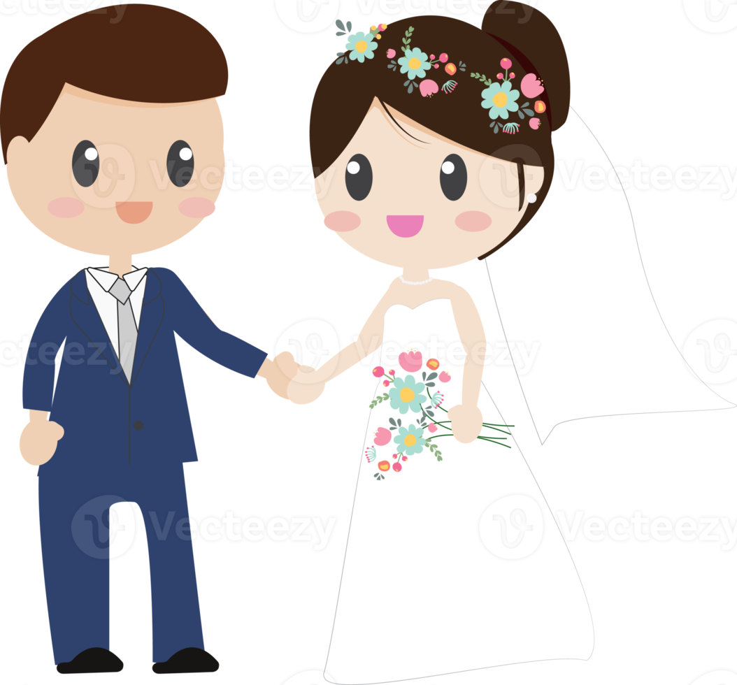 bonito dos desenhos animados lindos casais de noivos em vestido de noiva de mãos dadas png