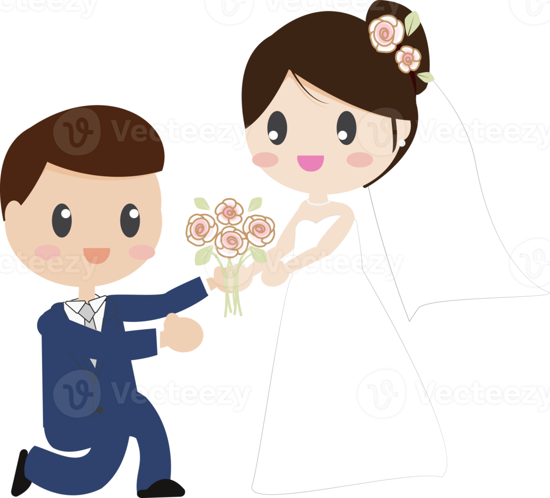 cute cartoon beautiful bride and groom couples on his knees png