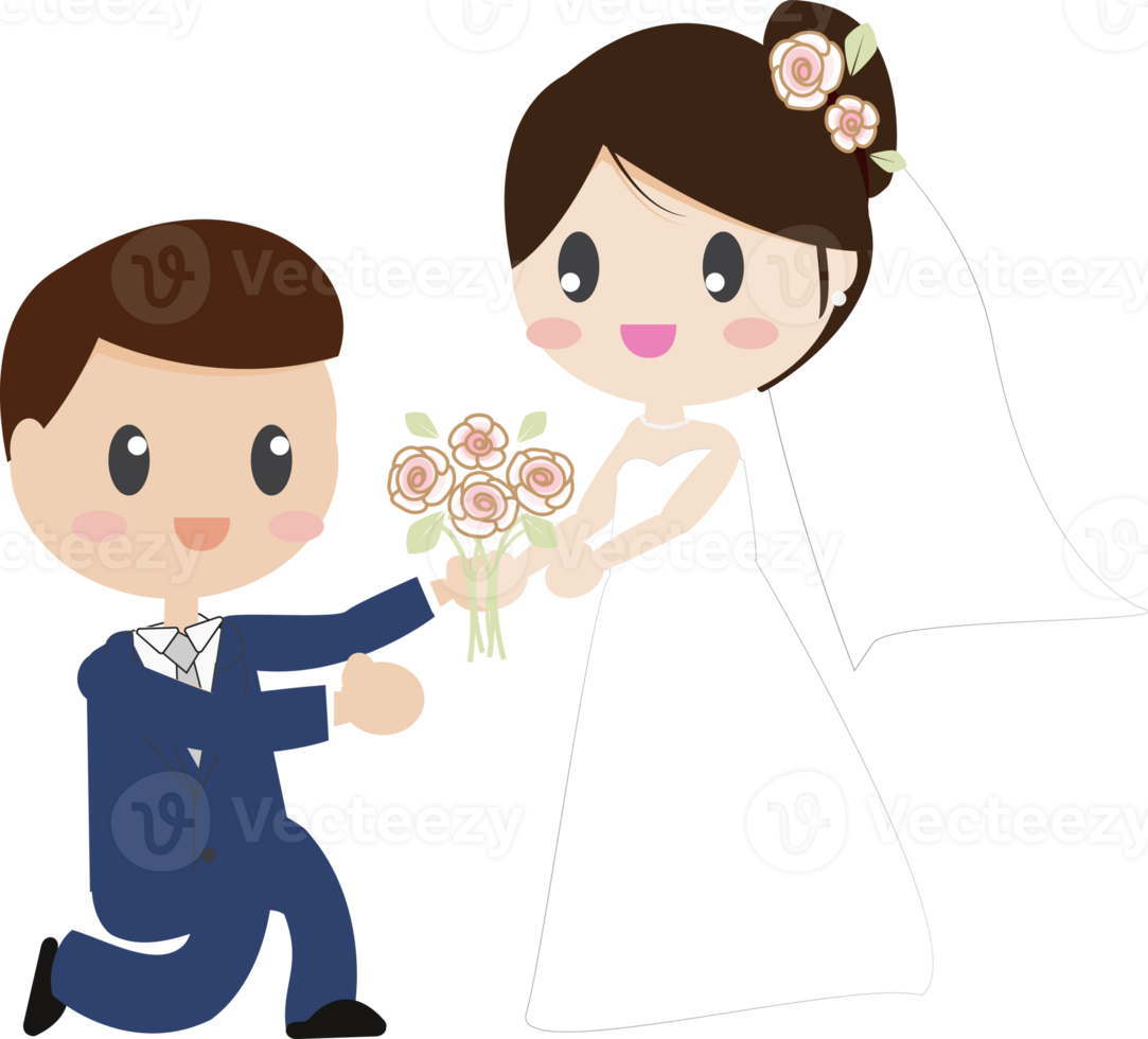 cute cartoon beautiful bride and groom couples on his knees png