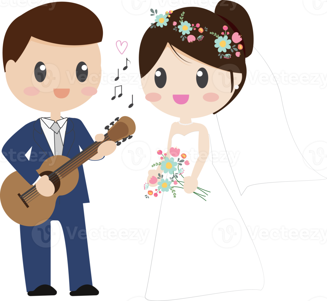 cute cartoon beautiful bride and groom couples playing guitar png