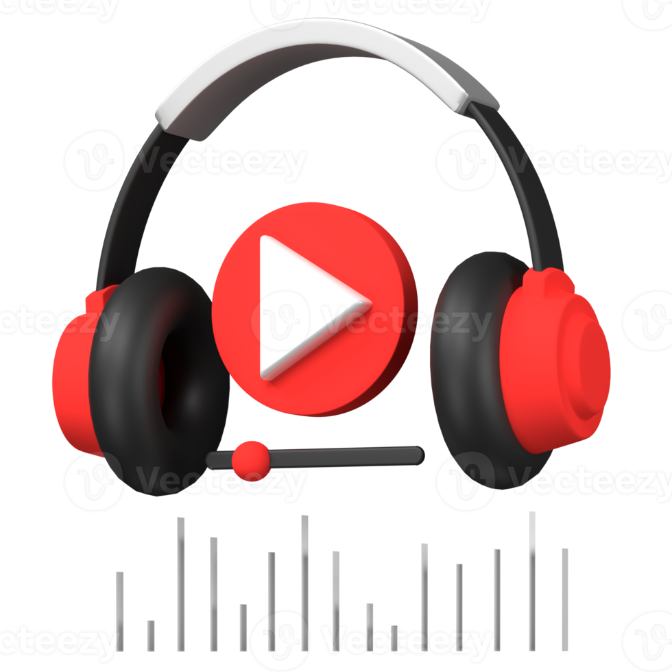 3D headphone and play button ,Audio Play, Broadcasting Concept. png