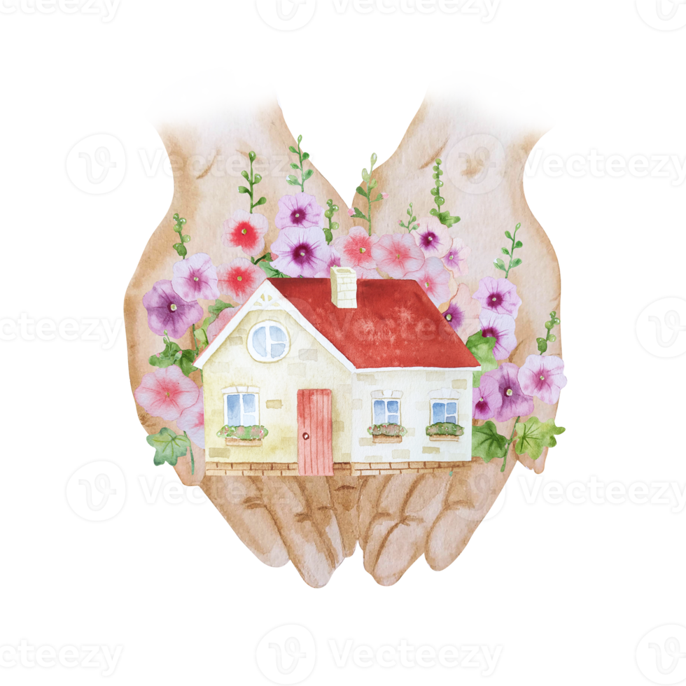 Watercolor house with mallow in hands illustration png