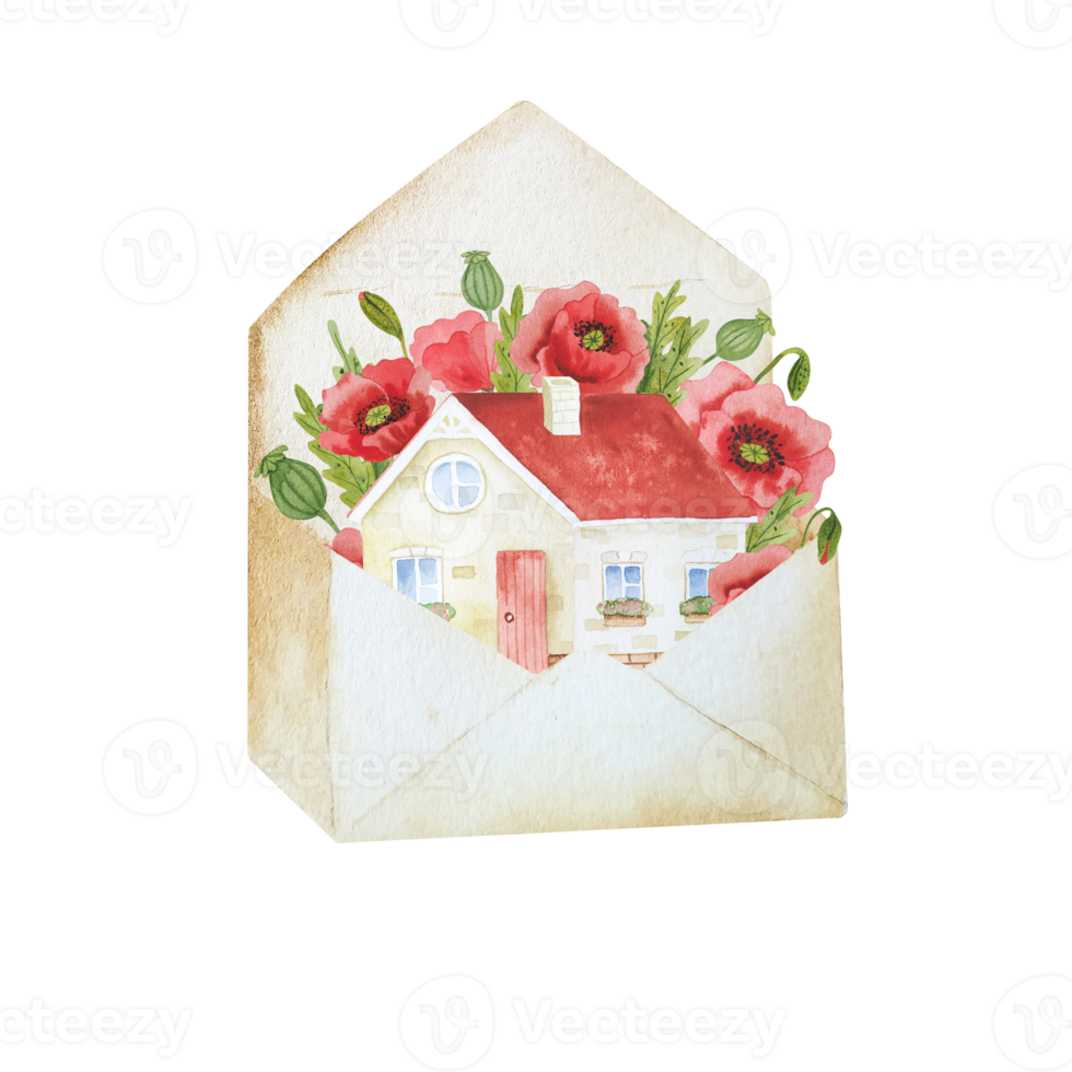 Watercolor house with red poppies png