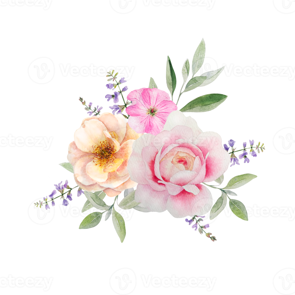 Watercolor flowers bouquet wih roses and herbs png