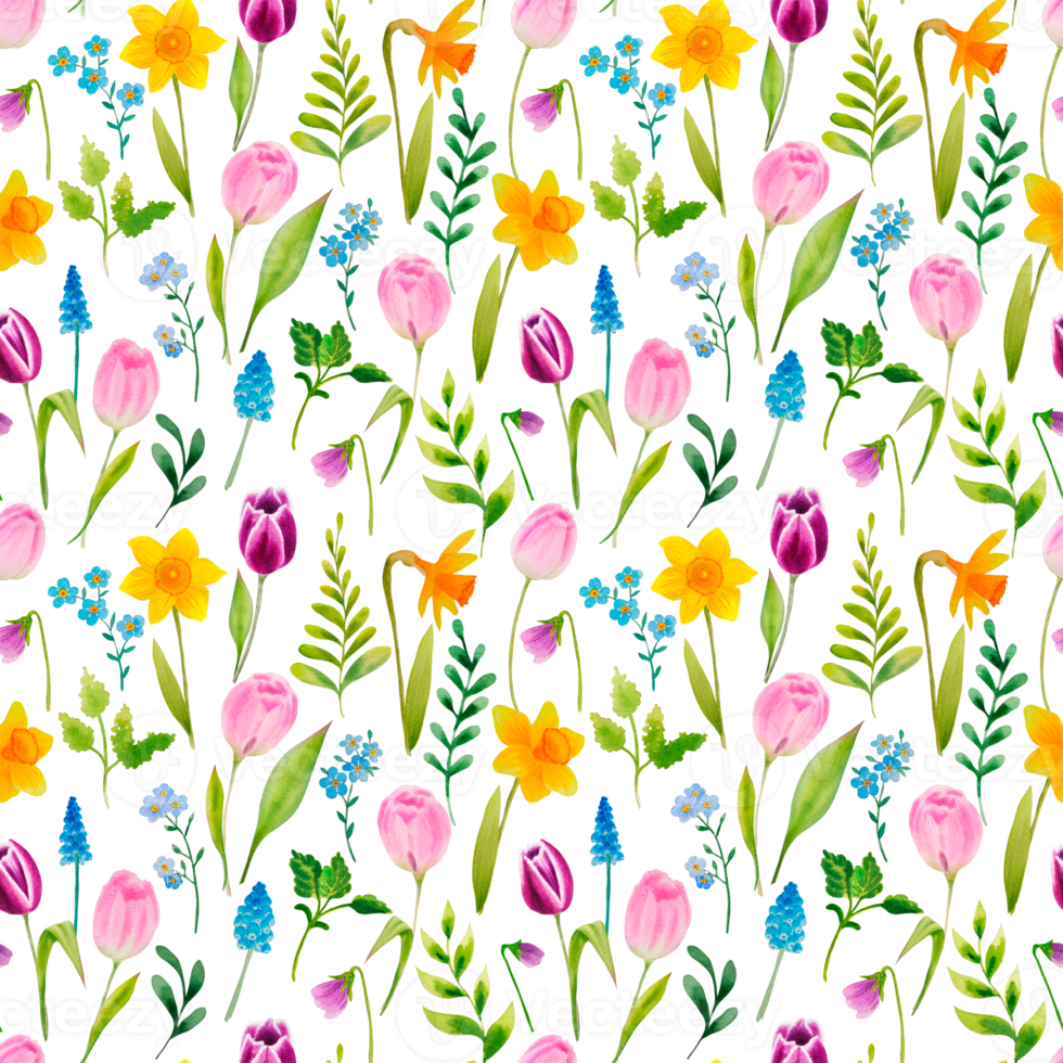 Watercolor spring flowers pattern png