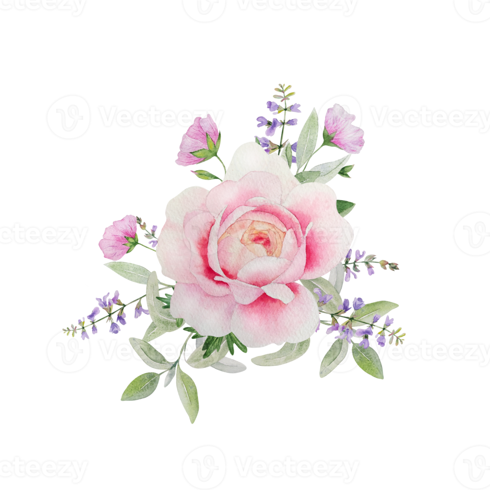 Watercolor flowers bouquet wih roses and herbs png