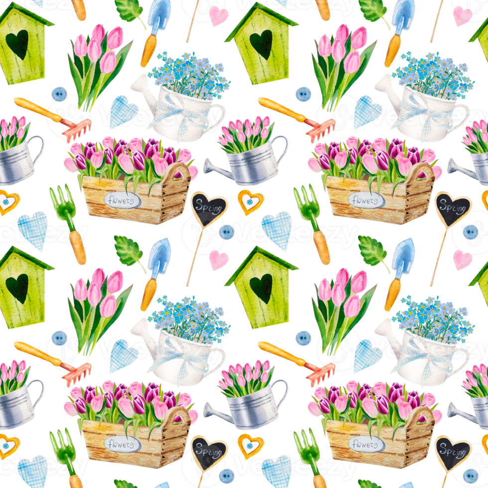 Watercolor spring flowers pattern png