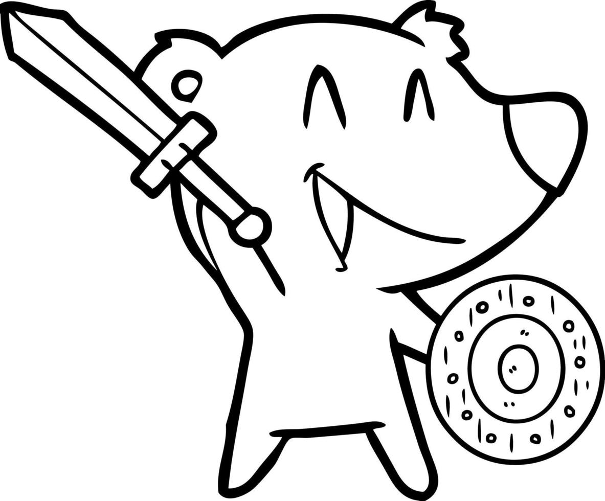 laughing bear cartoon with sword and shield vector