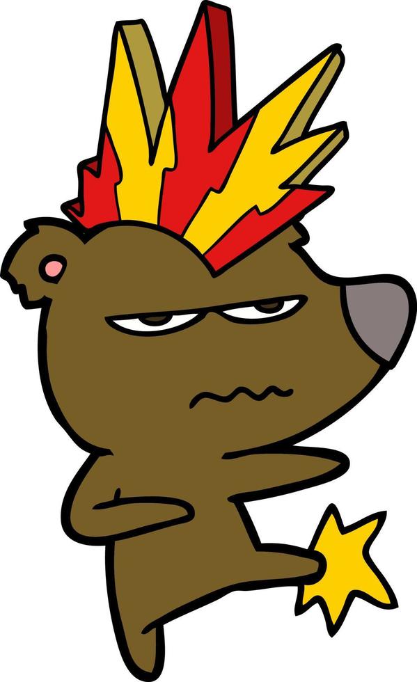 enojado, punk, oso, caricatura, patear vector