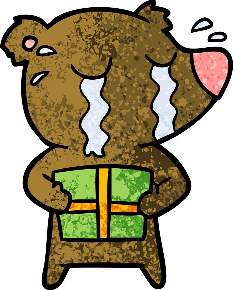 cartoon crying bear with present vector