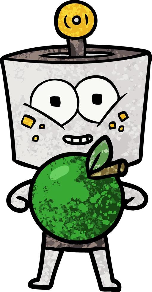 robot de dibujos animados feliz con manzana vector