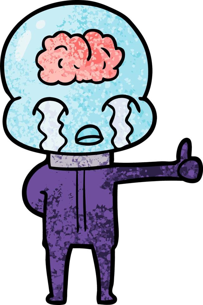 cartoon big brain alien crying but giving thumbs up symbol vector