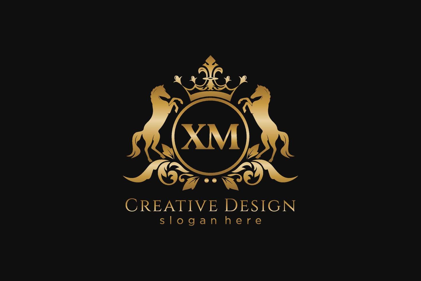 cresta dorada retro xm inicial con círculo y dos caballos, plantilla de placa con pergaminos y corona real, perfecta para proyectos de marca de lujo vector