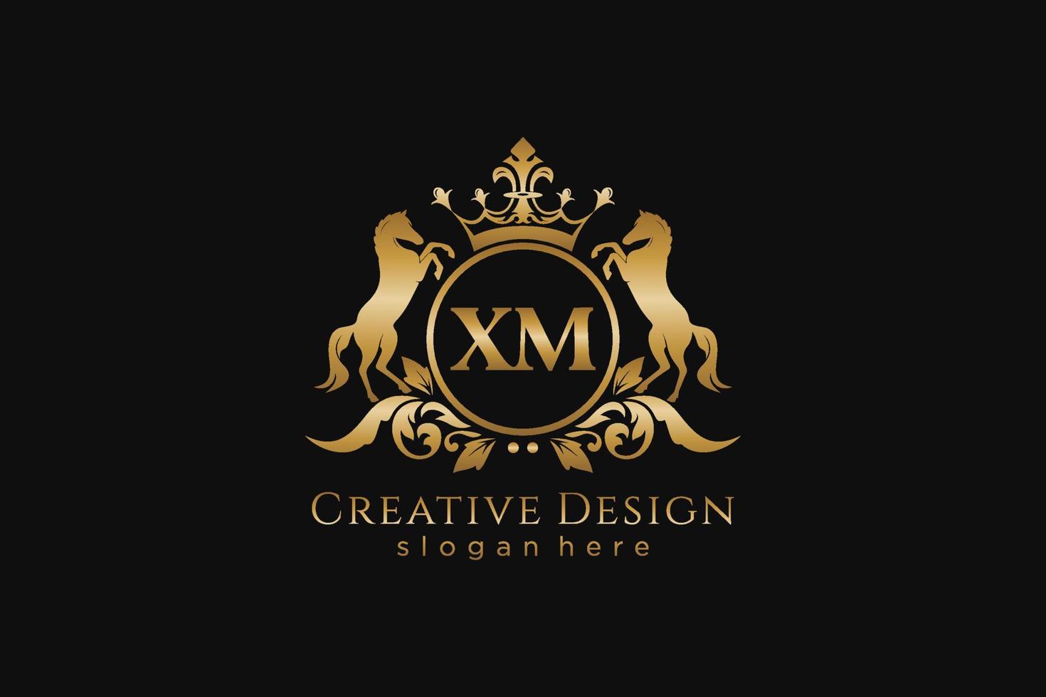 initial XM Retro golden crest with circle and two horses, badge template with scrolls and royal crown - perfect for luxurious branding projects vector