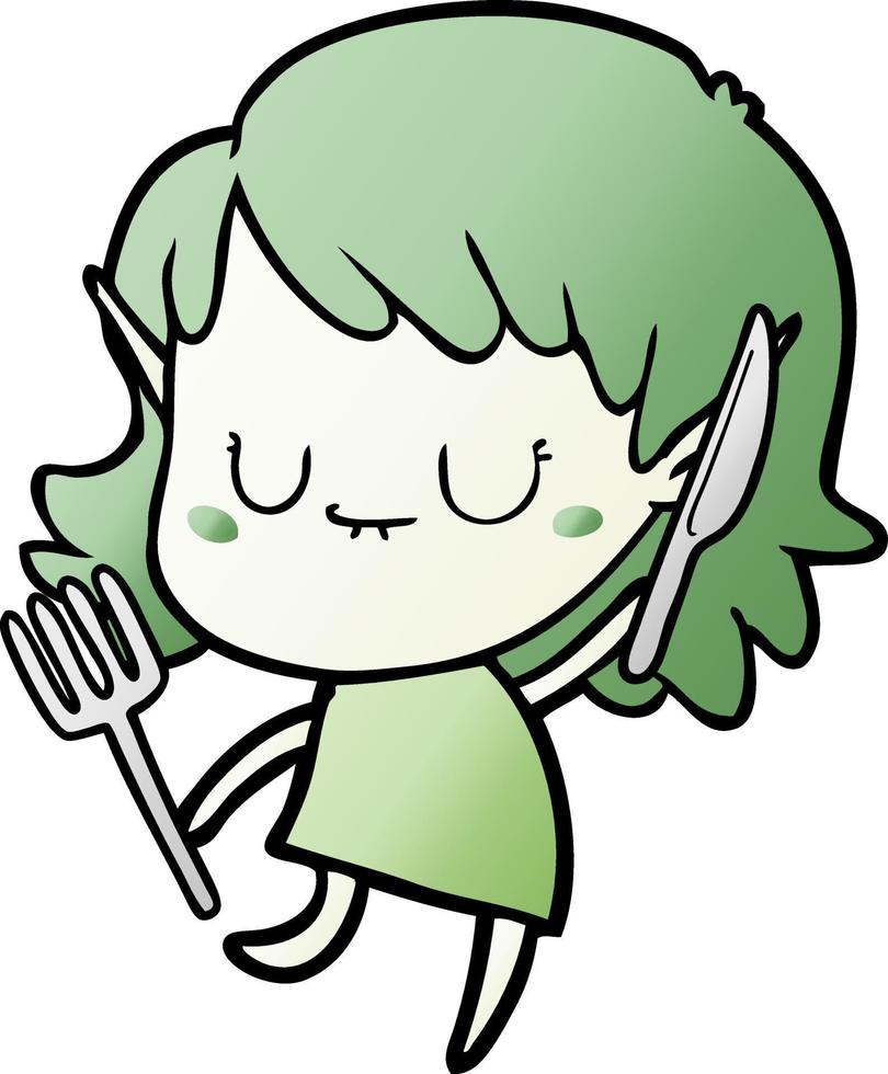 happy cartoon elf girl with knife and fork vector