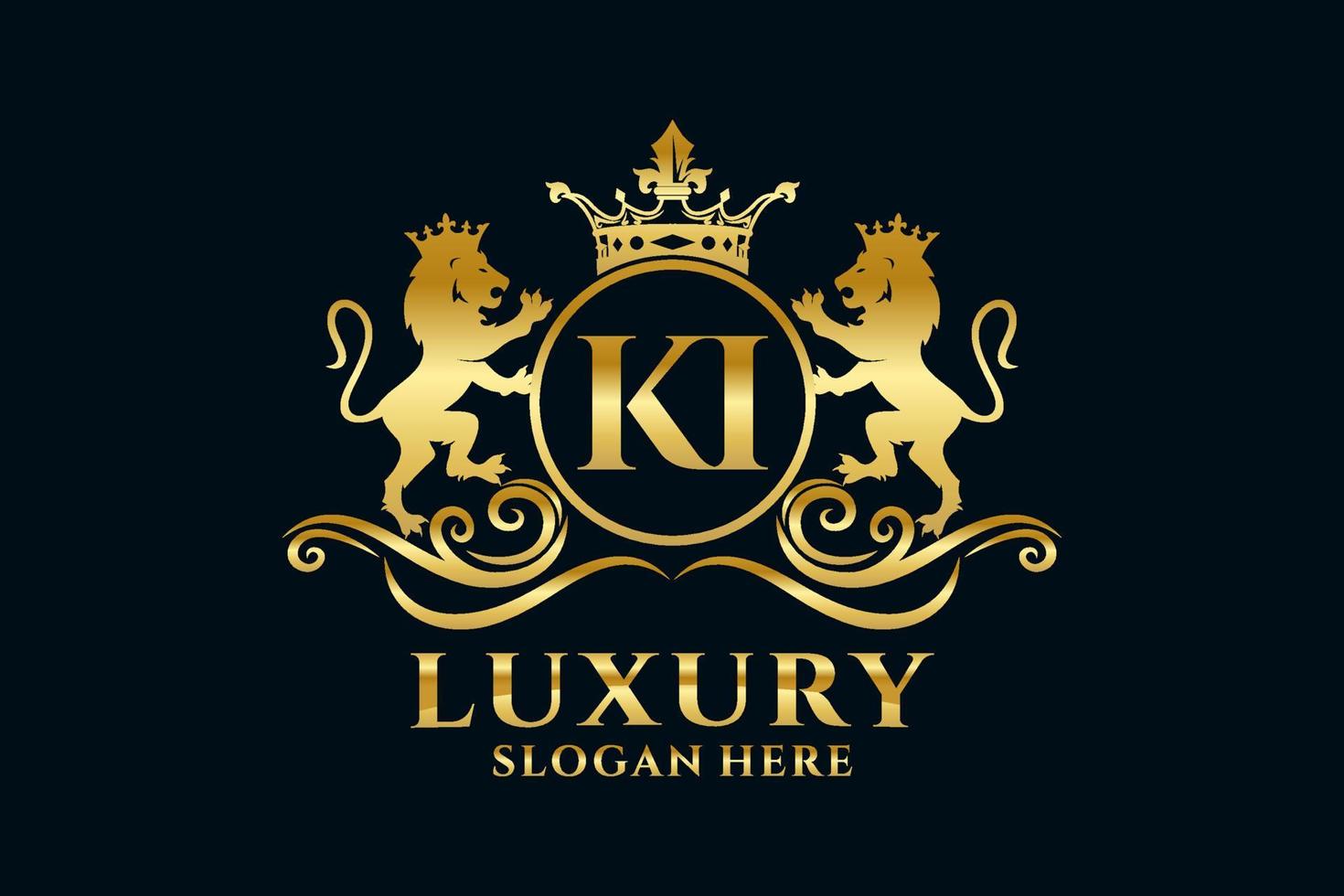 Initial KI Letter Lion Royal Luxury Logo template in vector art for luxurious branding projects and other vector illustration.