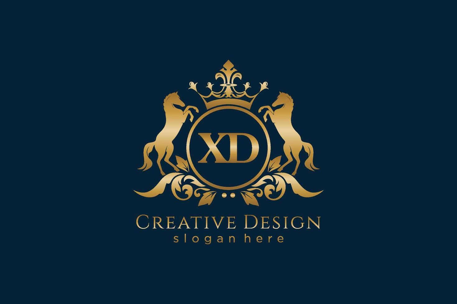 cresta dorada retro xd inicial con círculo y dos caballos, plantilla de insignia con pergaminos y corona real, perfecta para proyectos de marca de lujo vector