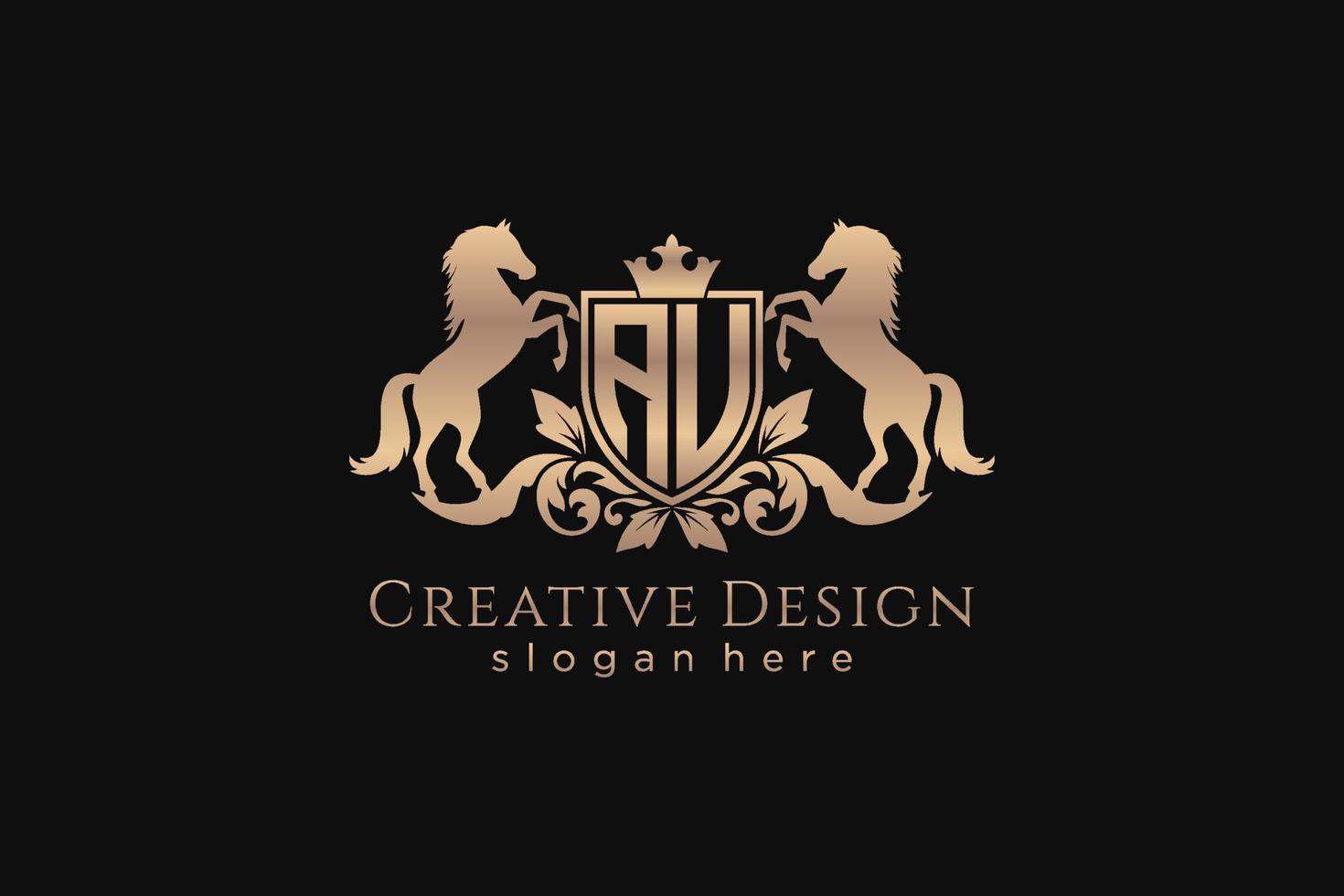 initial AU Retro golden crest with shield and two horses, badge template with scrolls and royal crown - perfect for luxurious branding projects vector