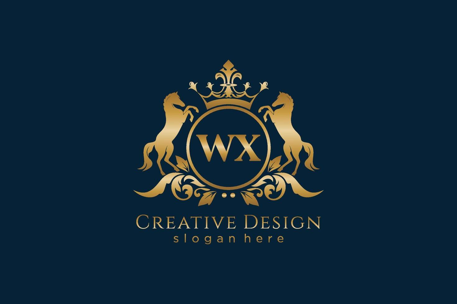 initial WX Retro golden crest with circle and two horses, badge template with scrolls and royal crown - perfect for luxurious branding projects vector
