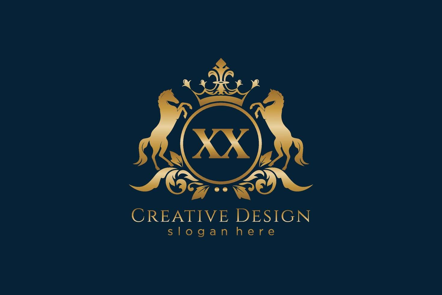 initial XX Retro golden crest with circle and two horses, badge template with scrolls and royal crown - perfect for luxurious branding projects vector
