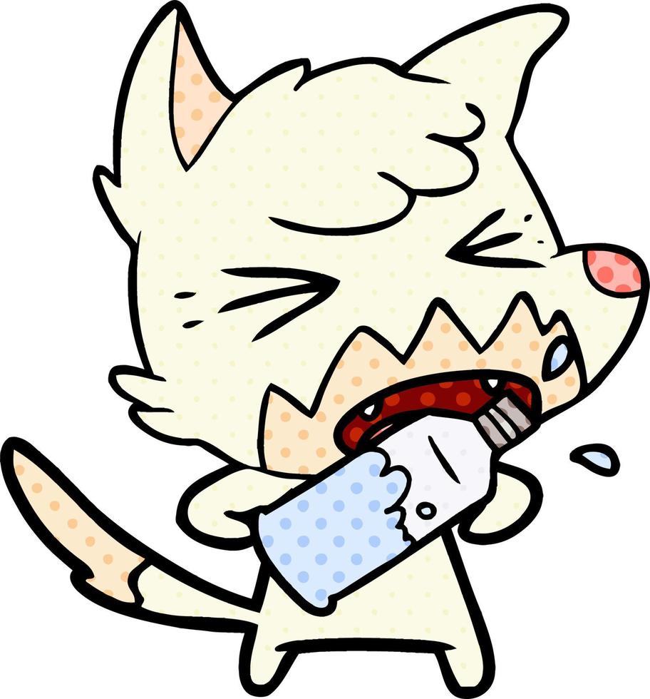 angry cartoon fox opening water bottle vector