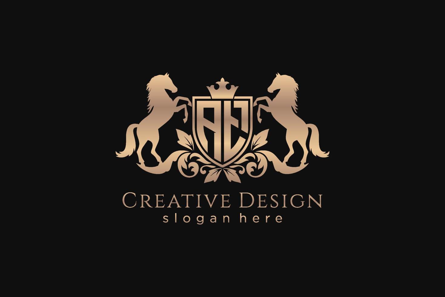 initial AT Retro golden crest with shield and two horses, badge template with scrolls and royal crown - perfect for luxurious branding projects vector