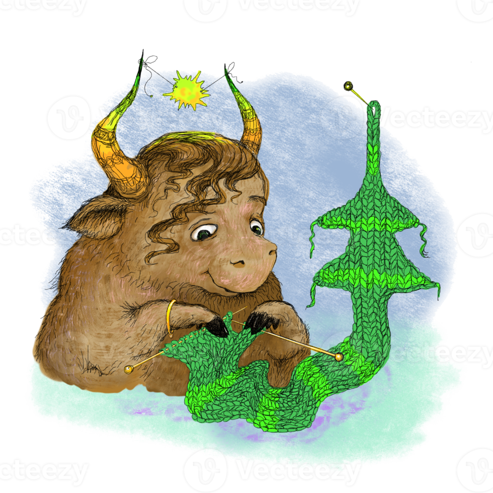 Cartoon cow needlewoman knits a Christmas tree from green threads. png