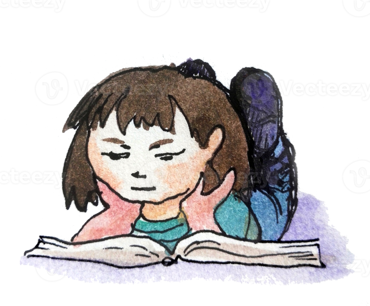 Image of a little girl who loves to read books. can be an adornment of any thing to an intelligent child. png