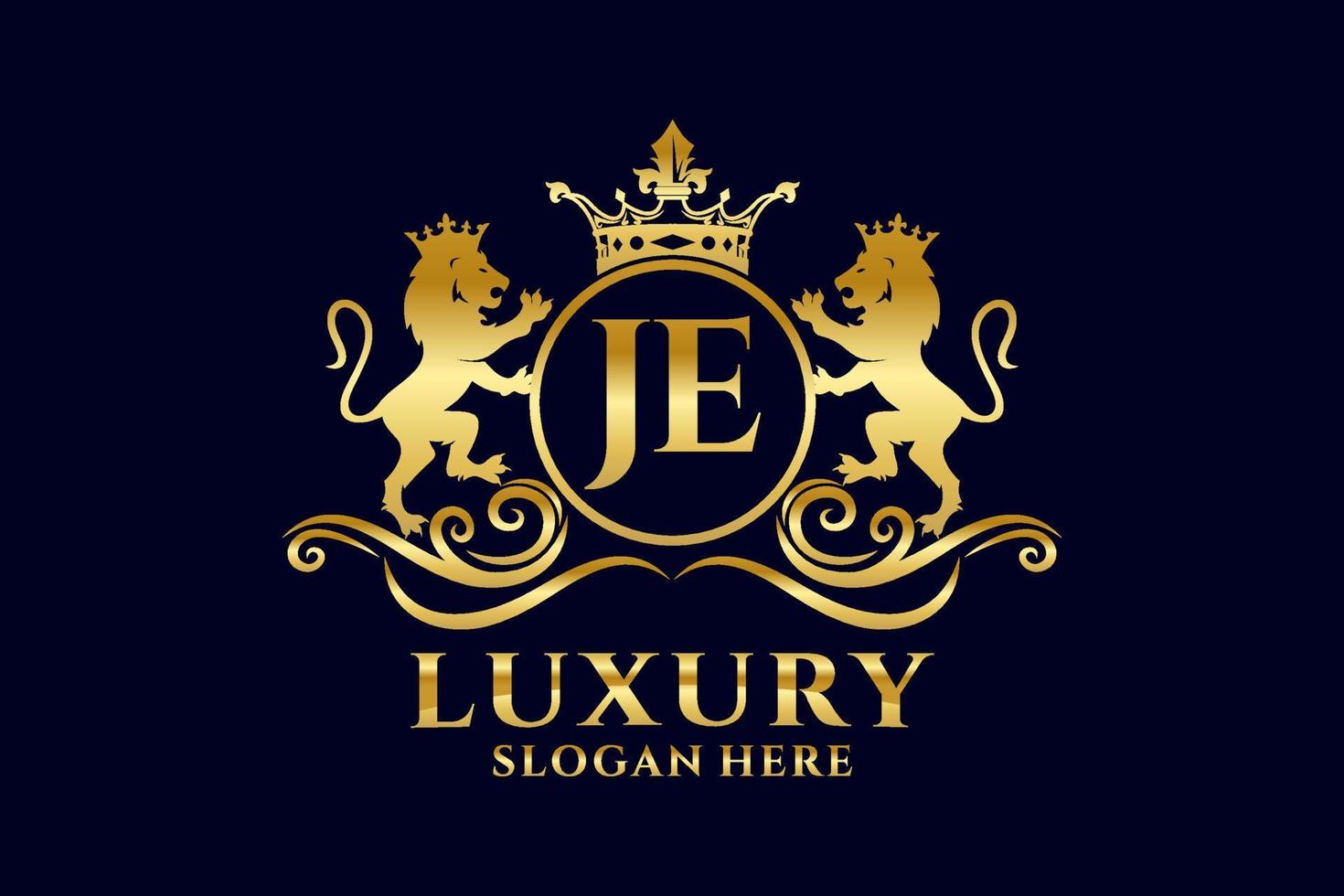 Initial JE Letter Lion Royal Luxury Logo template in vector art for luxurious branding projects and other vector illustration.