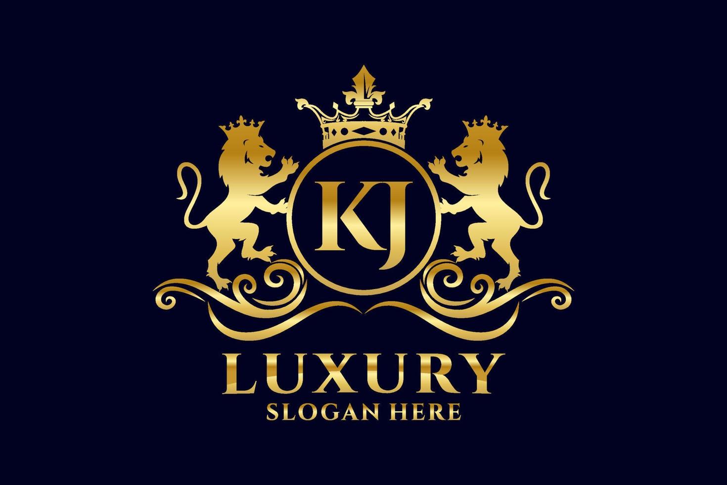 Initial KJ Letter Lion Royal Luxury Logo template in vector art for luxurious branding projects and other vector illustration.