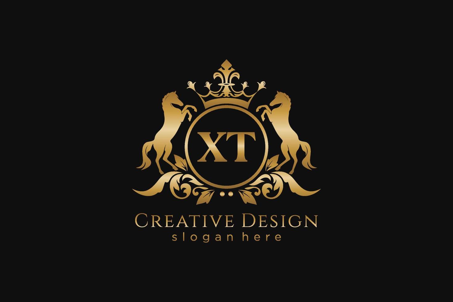 initial XT Retro golden crest with circle and two horses, badge template with scrolls and royal crown - perfect for luxurious branding projects vector