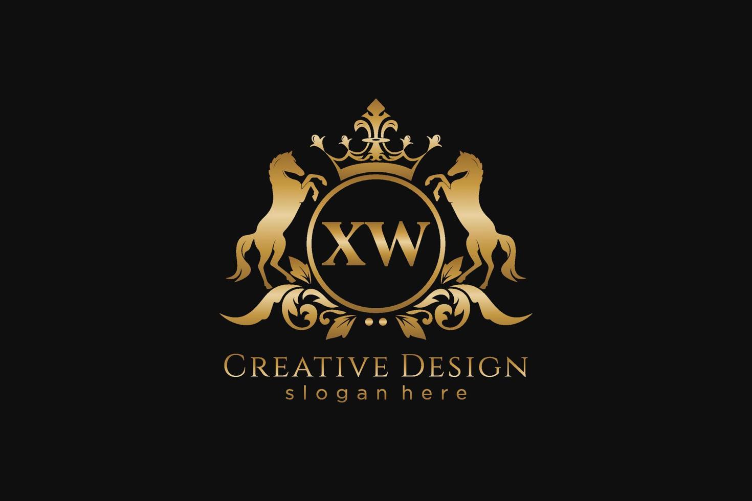 cresta dorada retro xw inicial con círculo y dos caballos, plantilla de insignia con pergaminos y corona real, perfecta para proyectos de marca de lujo vector