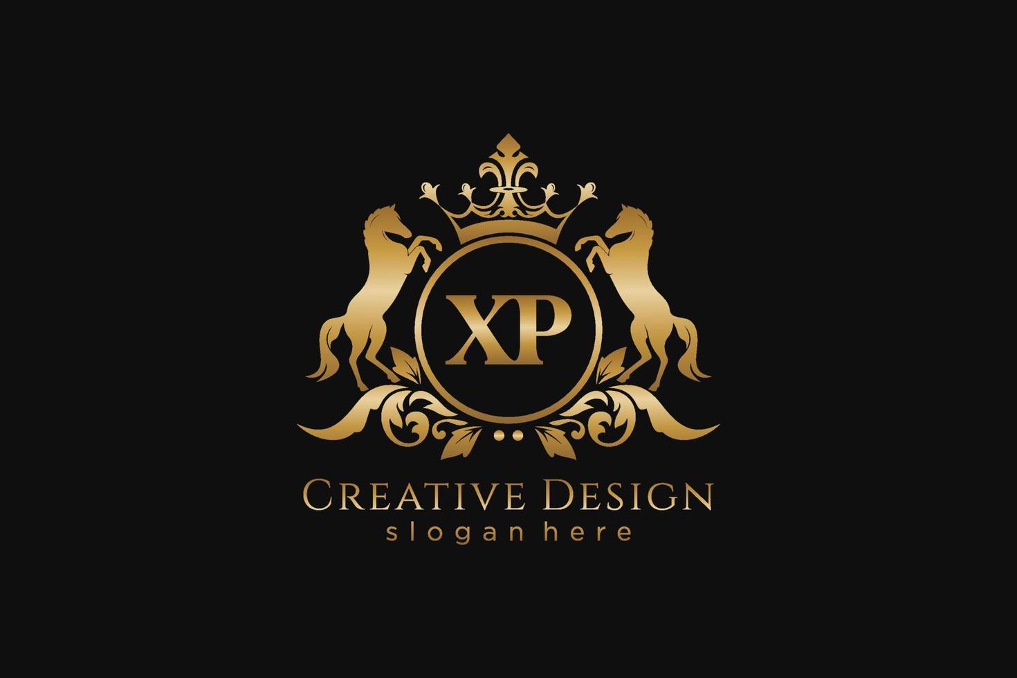 initial XP Retro golden crest with circle and two horses, badge template with scrolls and royal crown - perfect for luxurious branding projects vector