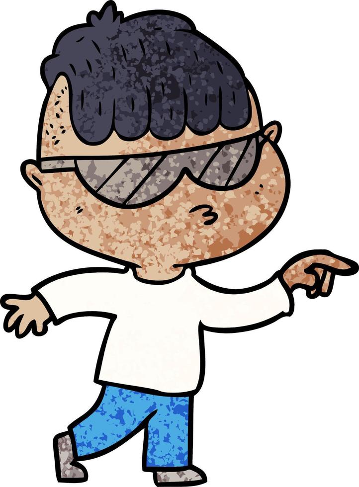 niño de dibujos animados con gafas de sol apuntando vector