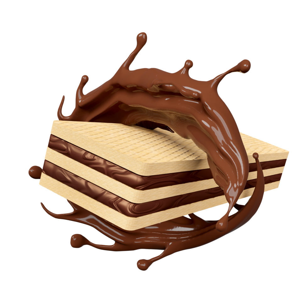 heet chocola plons draaikolk met krokant wafel stokjes geïsoleerd. reclame voor verpakking, 3d geven illustratie png