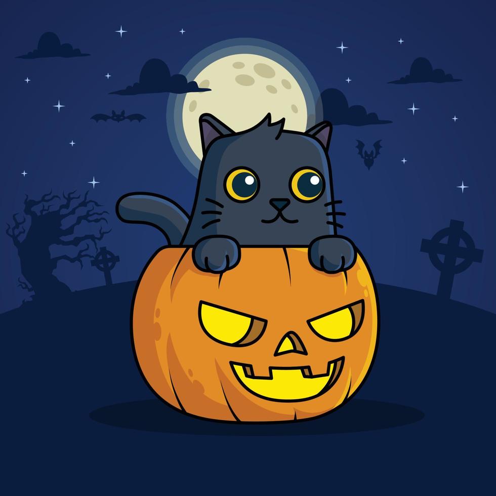 linda bruja negra gato kawaii en calabaza en halloween luna llena medianoche vector