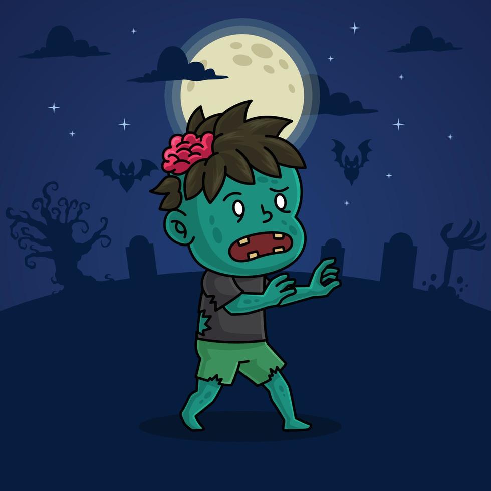 obsesionado linda caricatura zombi masculino en halloween luna llena medianoche de miedo escalofriante vector