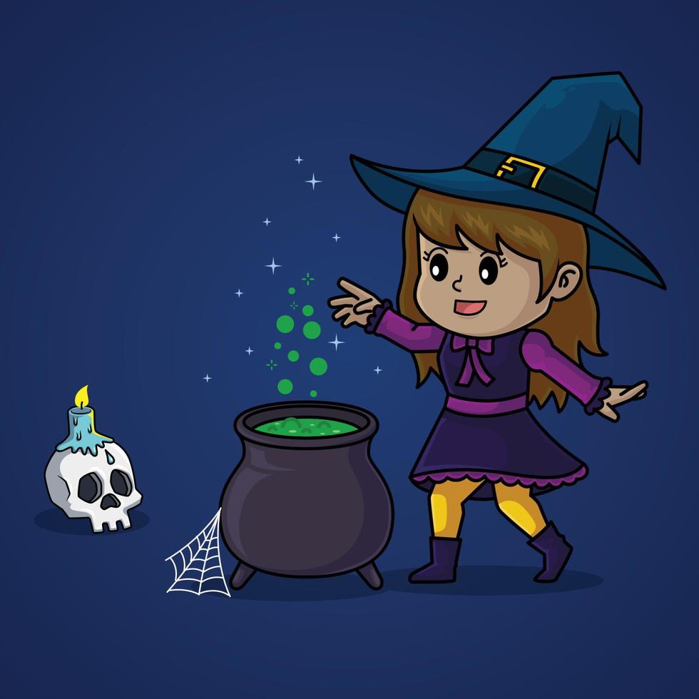 linda bruja kawaii haciendo poción en la noche de luna llena de halloween con una calavera vector