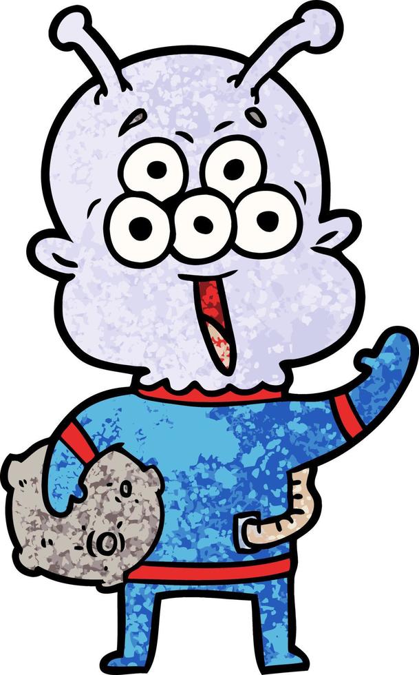happy cartoon alien with moon rock vector